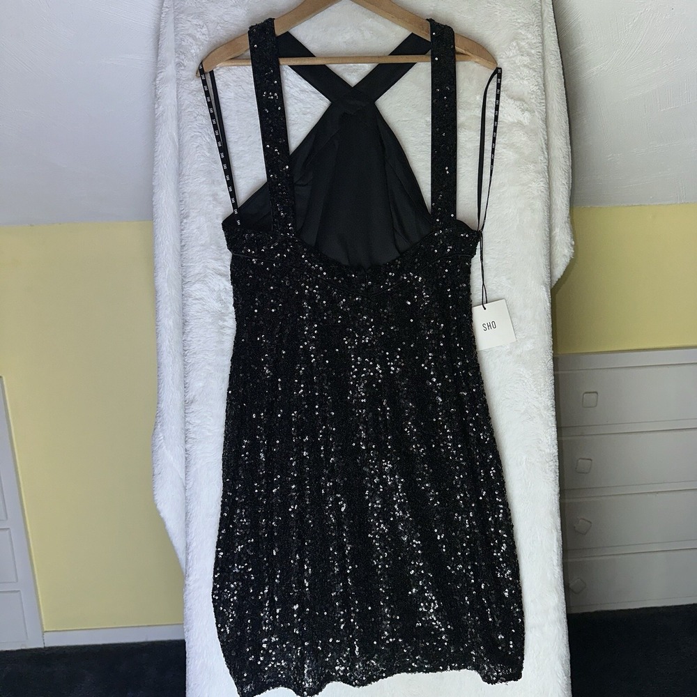 NEW Sho Tadashi Shoji Sequin Halter Mini Dress Black L Cocktail Party Whimsigoth - Picture 4 of 10